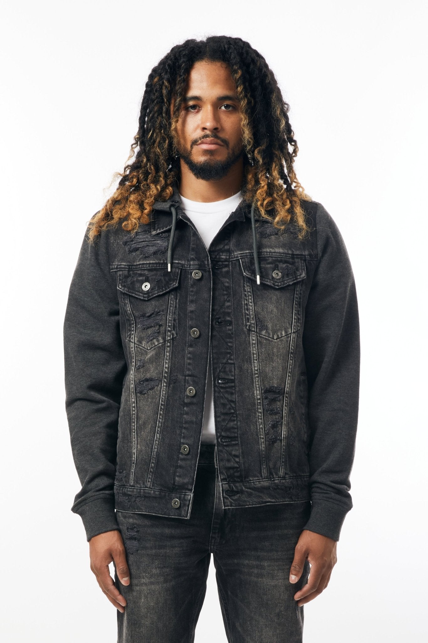 M.Society Denim Jacket with Fleece Hood in Black Charcoal