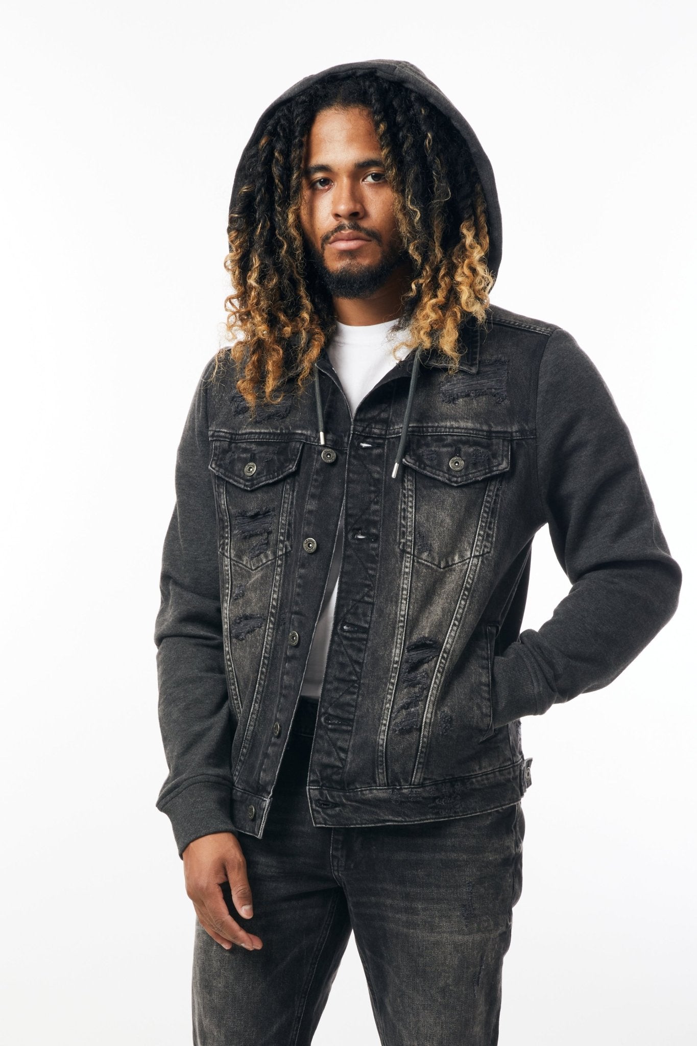 Denim Jacket with Fleece Hood in Black & Charcoal - M.Society