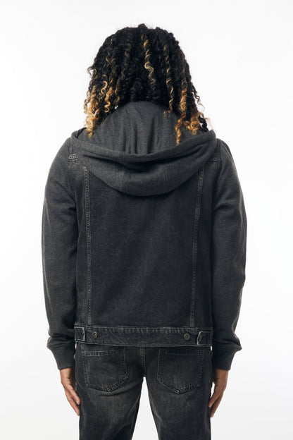 Denim Jacket with Fleece Hood in Black & Charcoal - M.Society