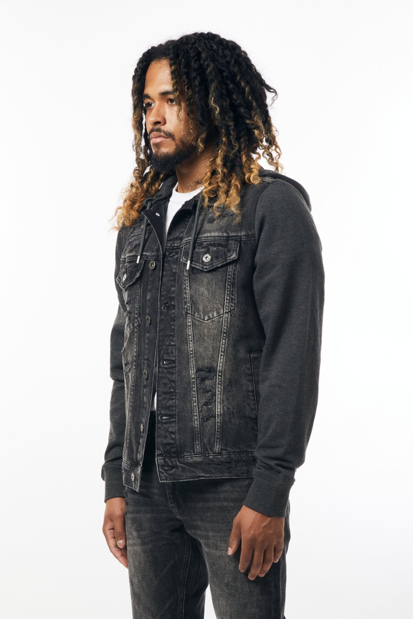 Denim Jacket with Fleece Hood in Black & Charcoal - M.Society