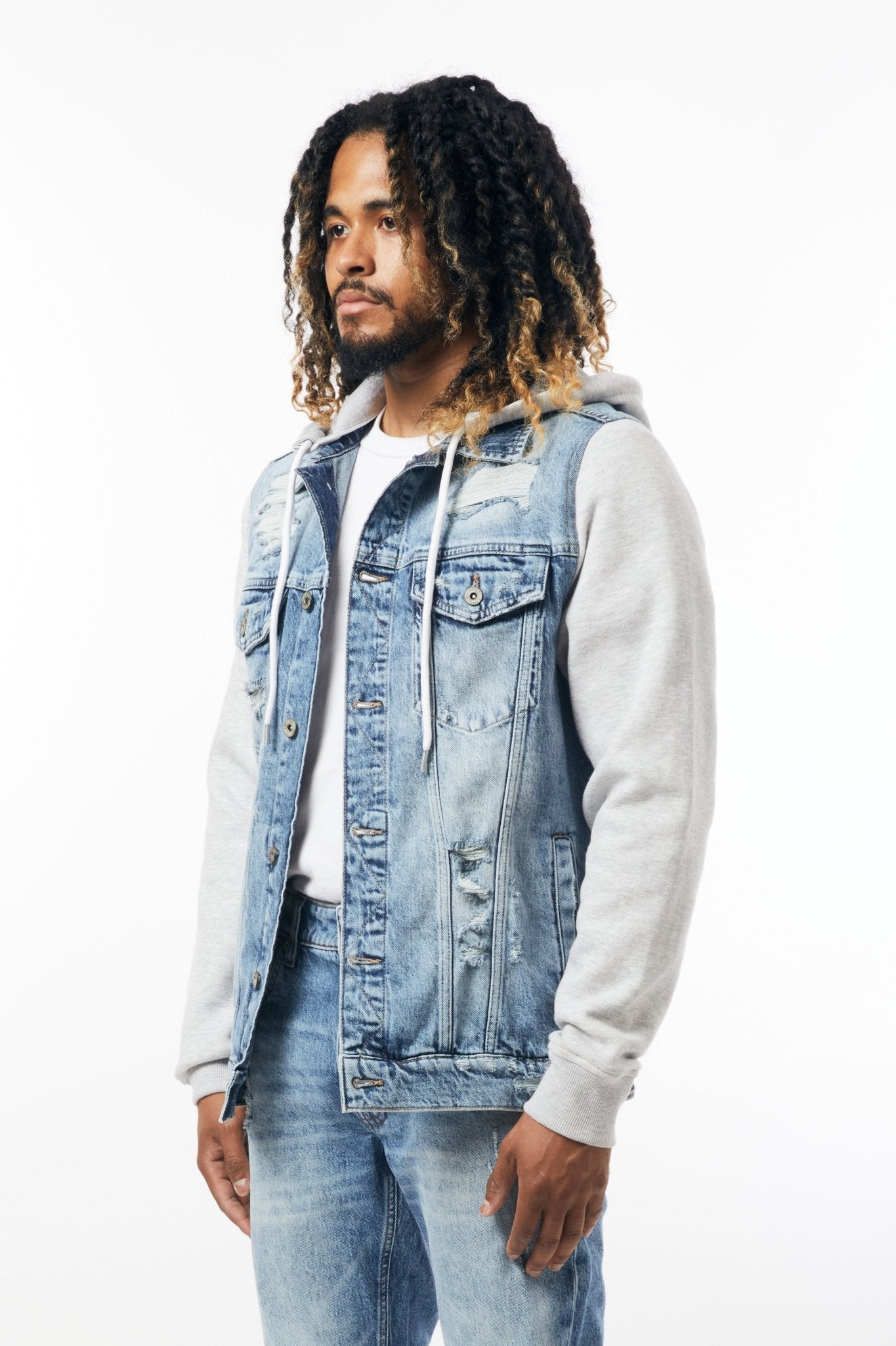 Denim Jacket with Fleece Hood with Light Blue - M.Society