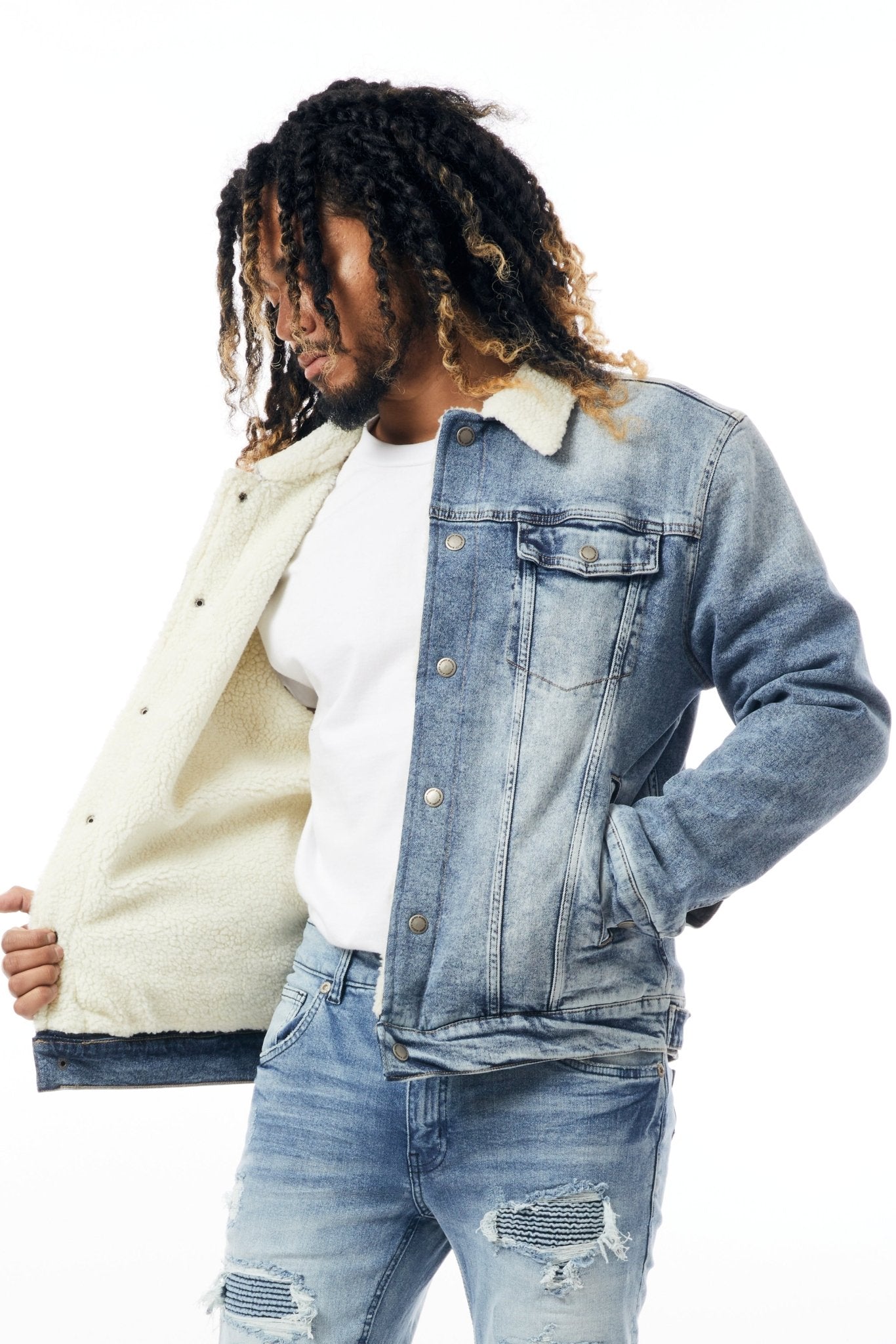 Denim Jacket with Sherpa Lining in Medium Blue - M.Society