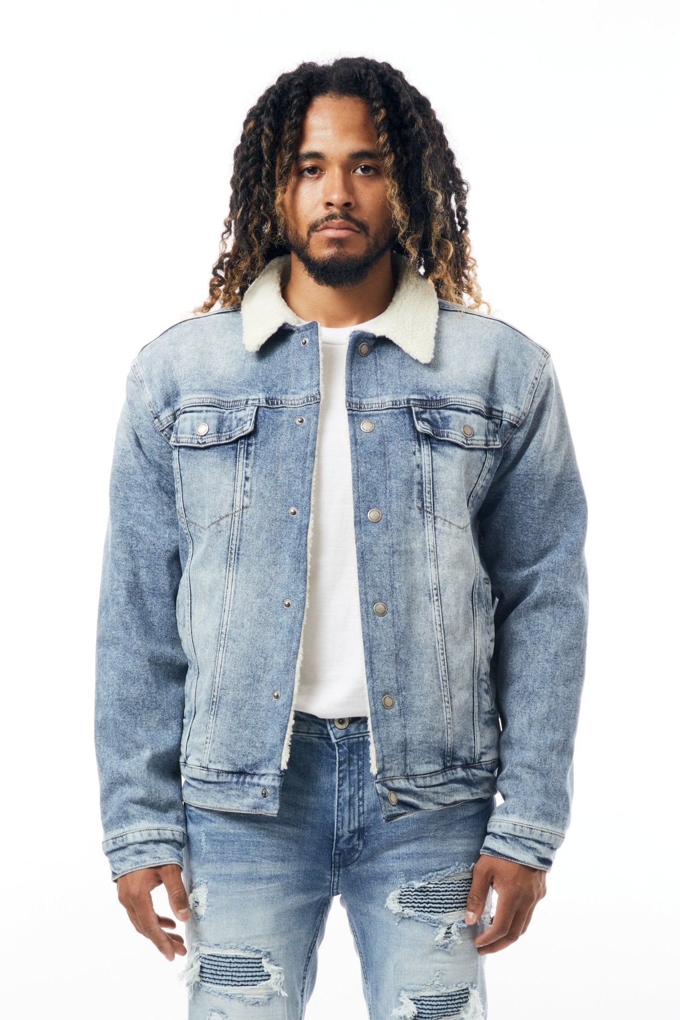 Denim Jacket with Sherpa Lining in Medium Blue - M.Society