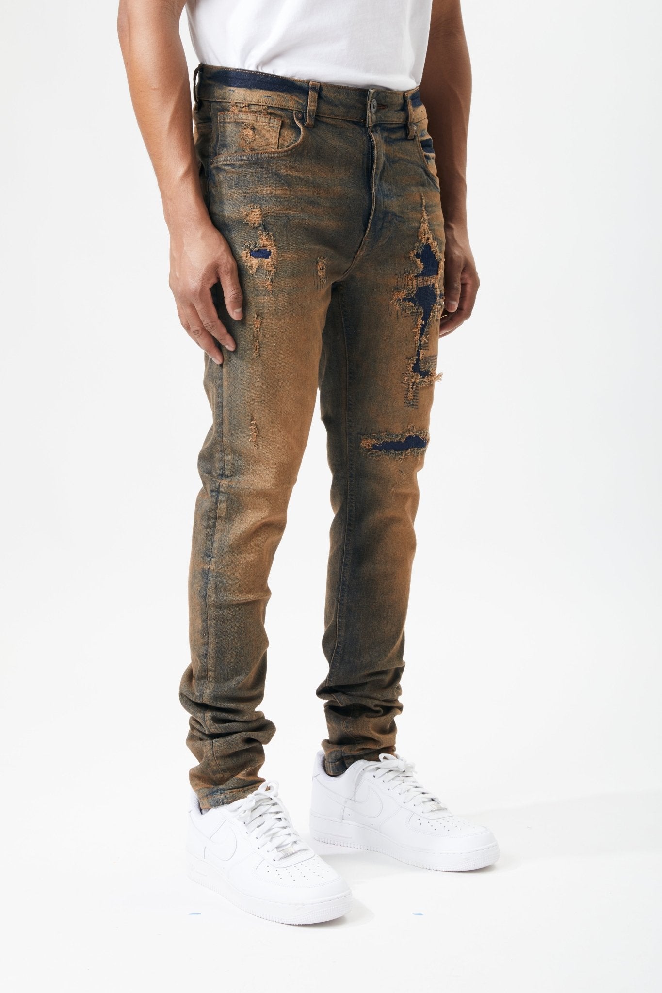 Ripped and Repaired Denim Jeans in Timber - M.SOCIETY