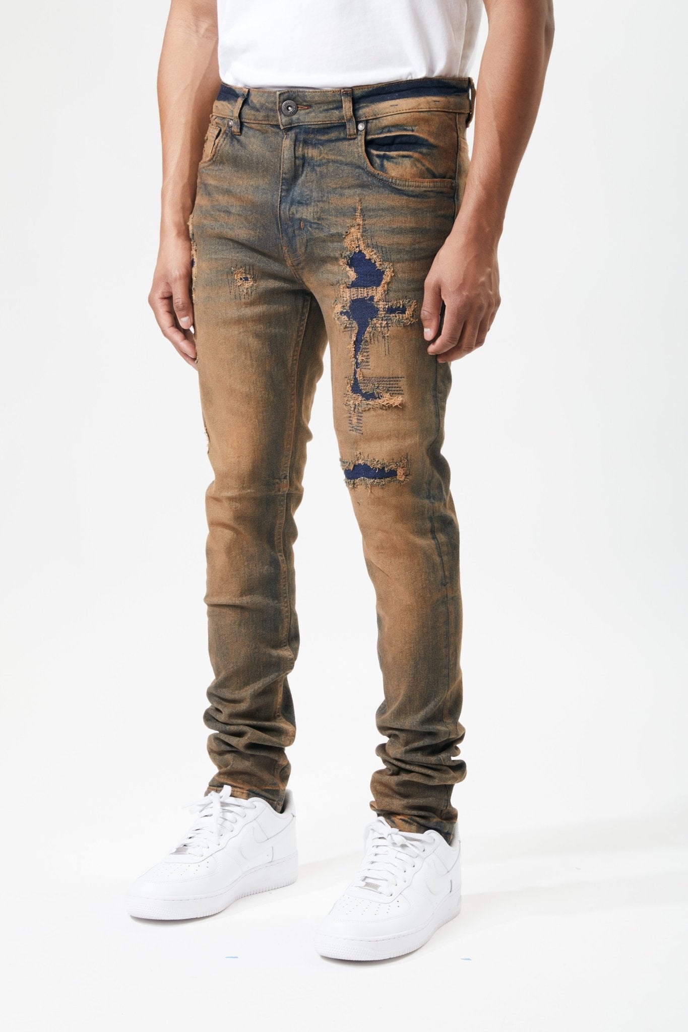 Ripped and Repaired Denim Jeans in Timber - M.SOCIETY