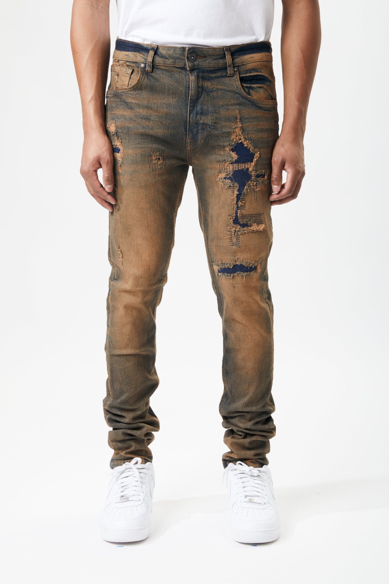 Ripped and Repaired Denim Jeans in Timber - M.SOCIETY