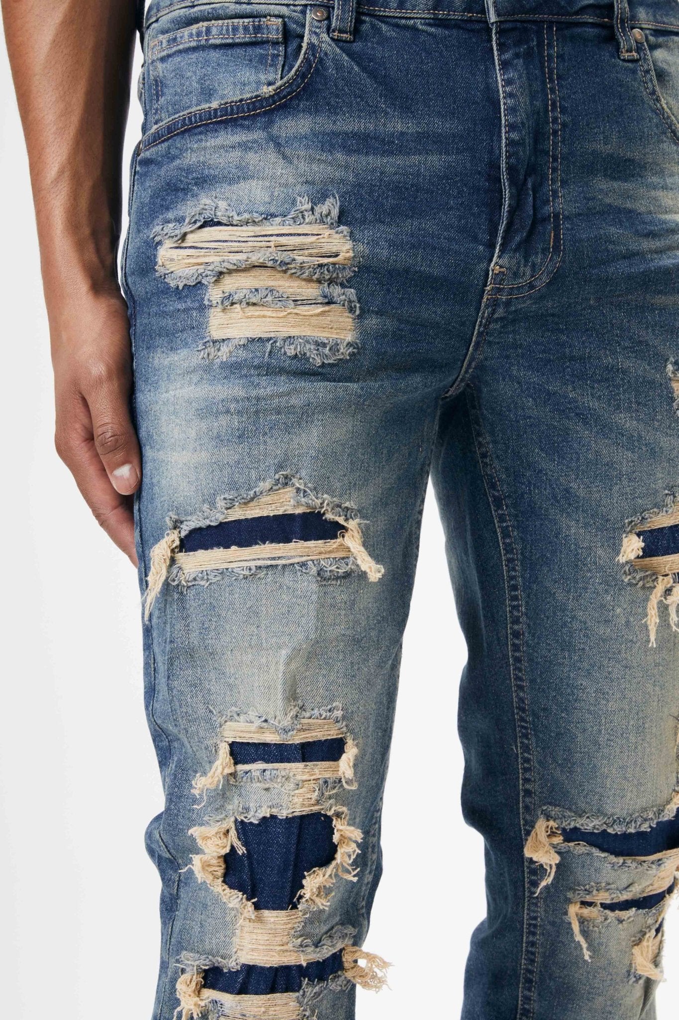 Ripped and Repaired Denim Jeans in Tint Blue - M.SOCIETY