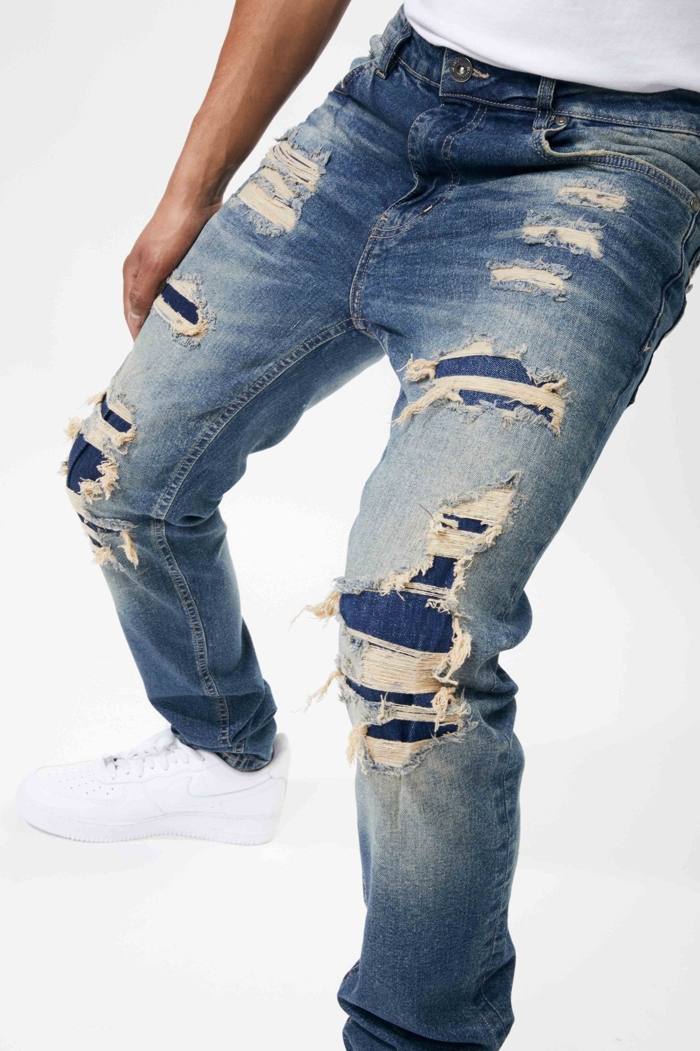 Ripped and Repaired Denim Jeans in Tint Blue - M.SOCIETY