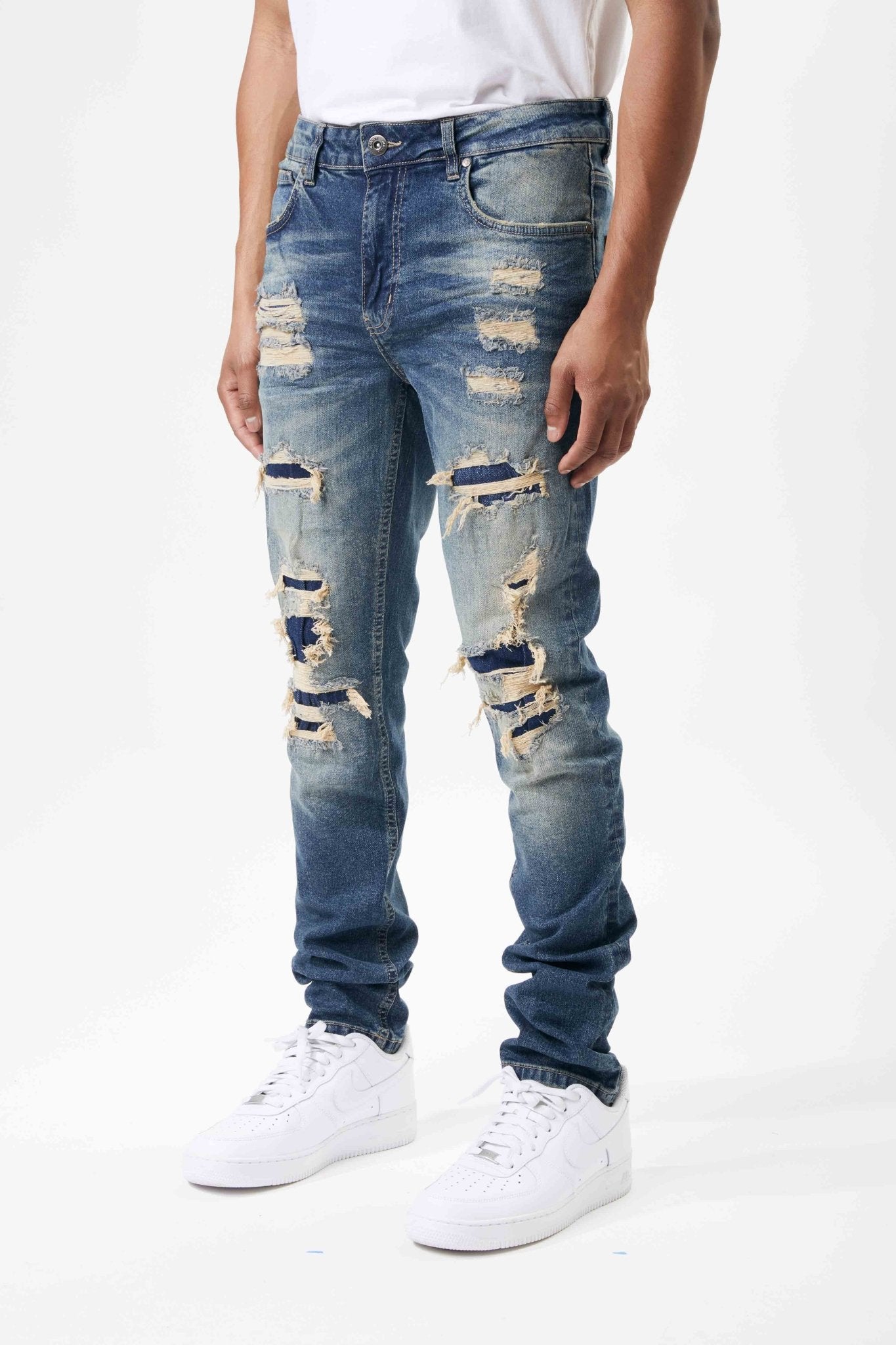 Ripped and Repaired Denim Jeans in Tint Blue - M.SOCIETY