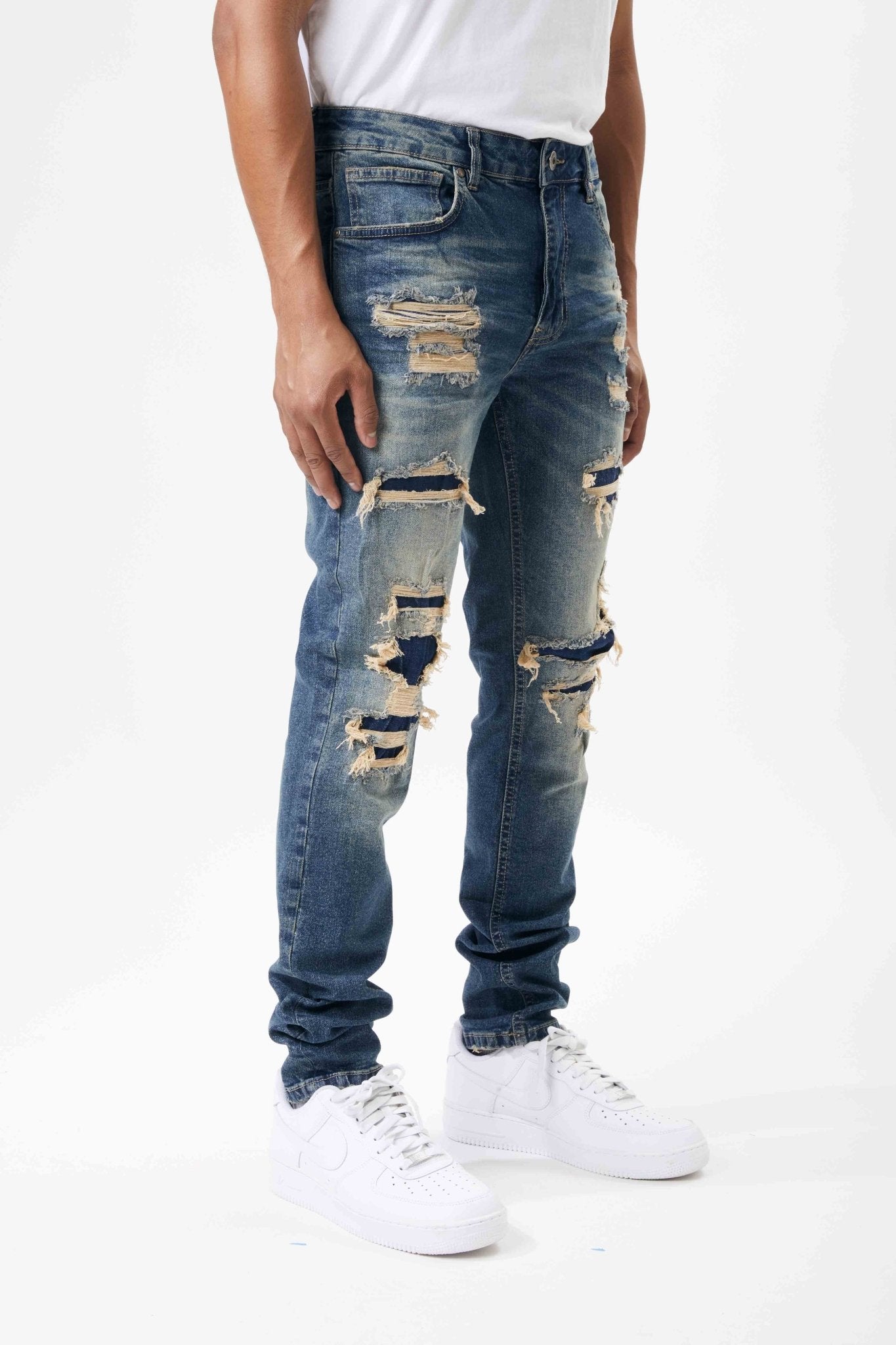 Ripped and Repaired Denim Jeans in Tint Blue - M.SOCIETY